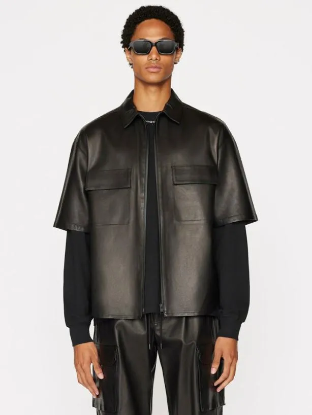 Frame Relaxed Short Sleeve Leather Shirt In Noir Noir Men Shirts Frame Relaxed Short Sleeve Leather Shirt In Noir Noir Men Shirts