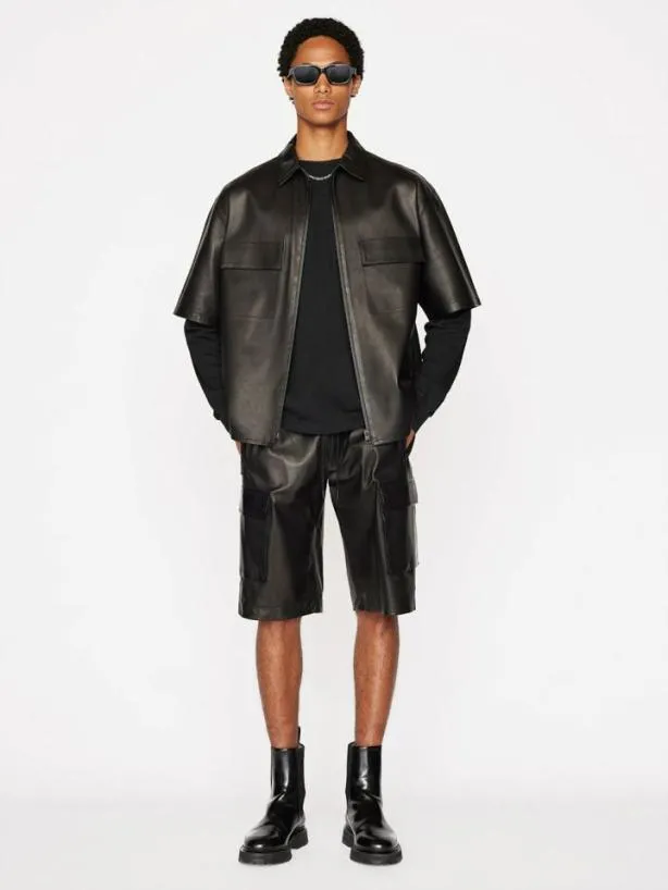 Frame Relaxed Short Sleeve Leather Shirt In Noir Noir Men Shirts Frame Relaxed Short Sleeve Leather Shirt In Noir Noir Men Shirts