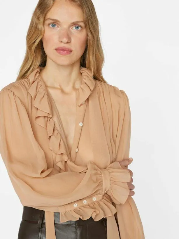 Frame Ruffle Front Button Up Shirt In Blush Blush Women Tops and Blouses