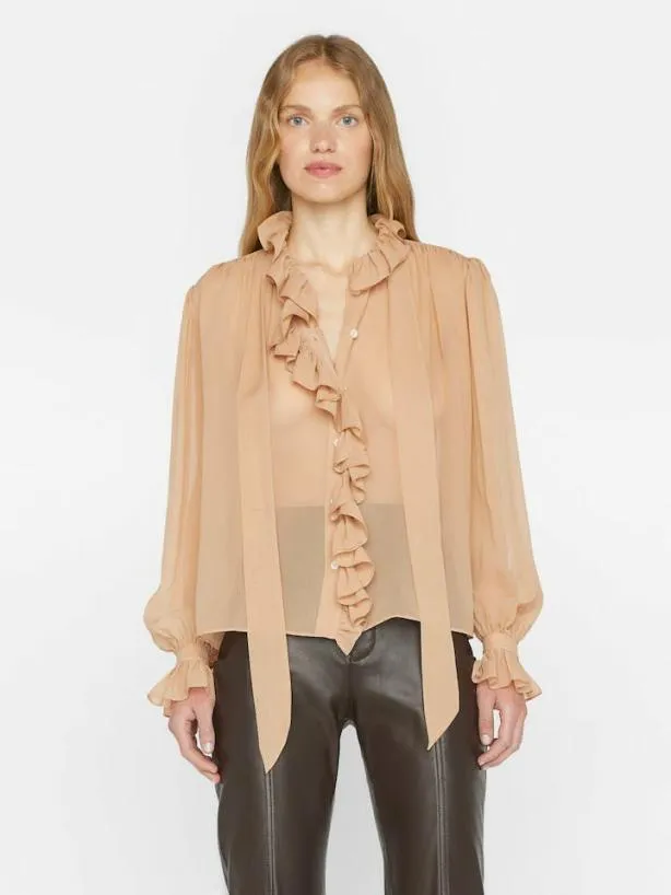 Frame Ruffle Front Button Up Shirt In Blush Blush Women Tops and Blouses Frame Ruffle Front Button Up Shirt In Blush Blush Women Tops and Blouses