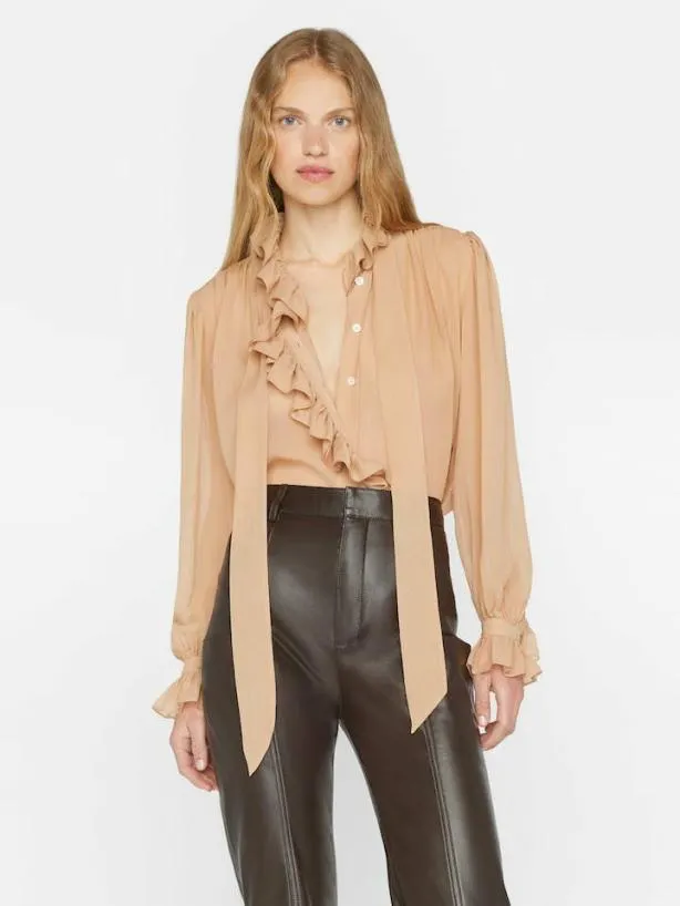 Frame Ruffle Front Button Up Shirt In Blush Blush Women Tops and Blouses Frame Ruffle Front Button Up Shirt In Blush Blush Women Tops and Blouses