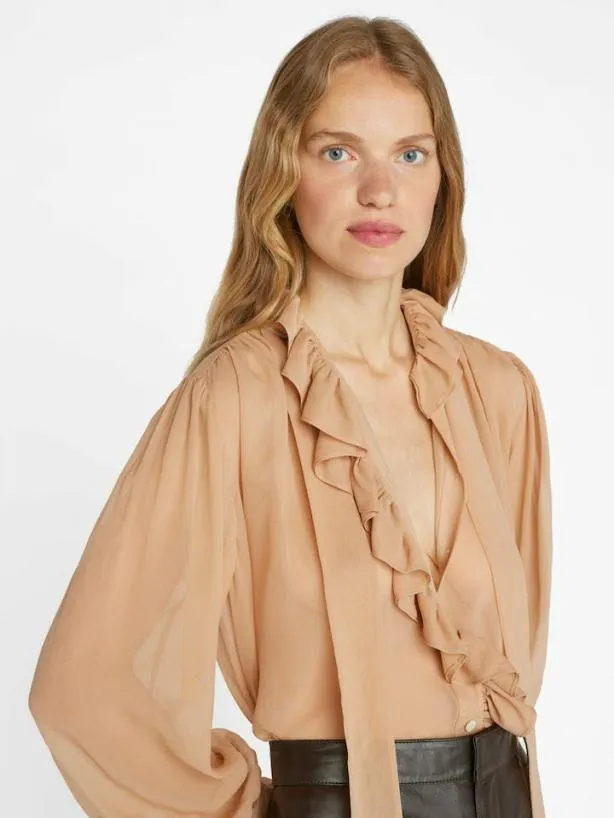 Frame Ruffle Front Button Up Shirt In Blush Blush Women Tops and Blouses Frame Ruffle Front Button Up Shirt In Blush Blush Women Tops and Blouses