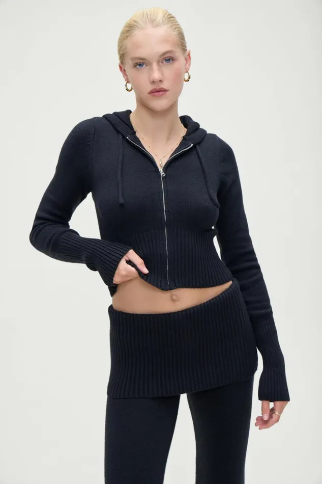 Frankies Bikinis Aimee Zip Up Hoodie Black Women Cloud Knits