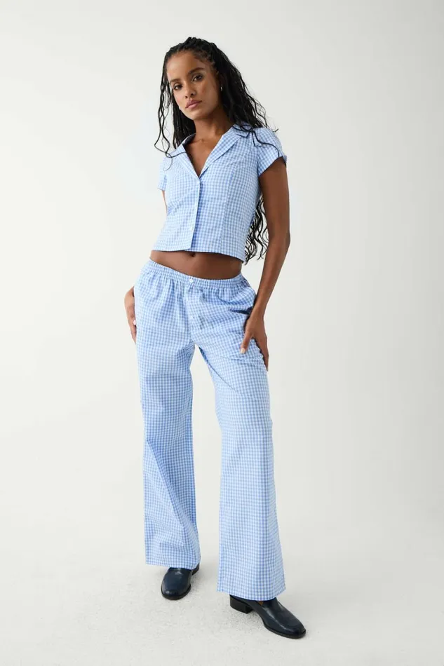 Frankies Bikinis Raleigh Cotton Button Up Shirt Cloud Gingham Women Matching Sets