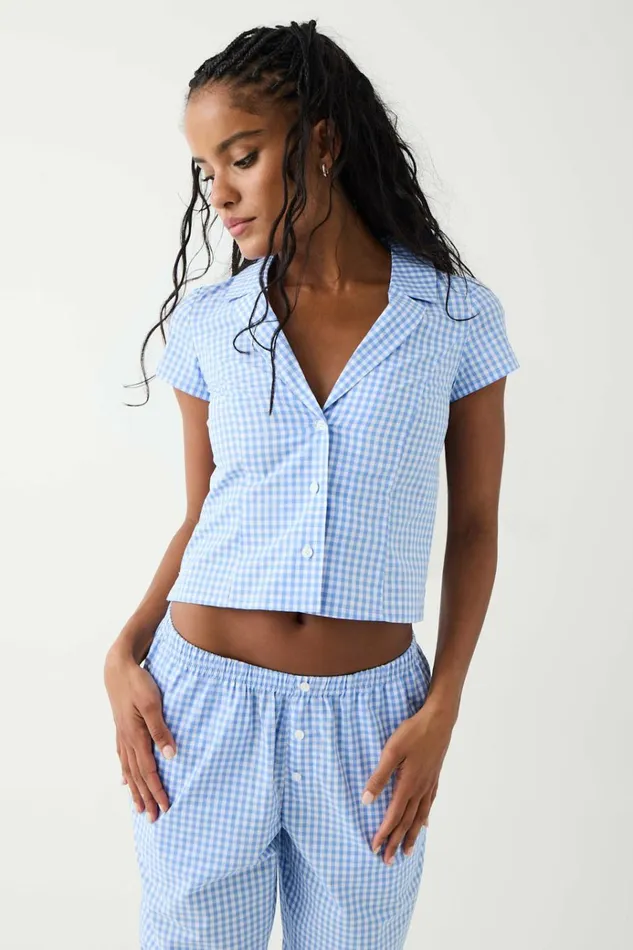 Frankies Bikinis Raleigh Cotton Button Up Shirt Cloud Gingham Women Matching Sets