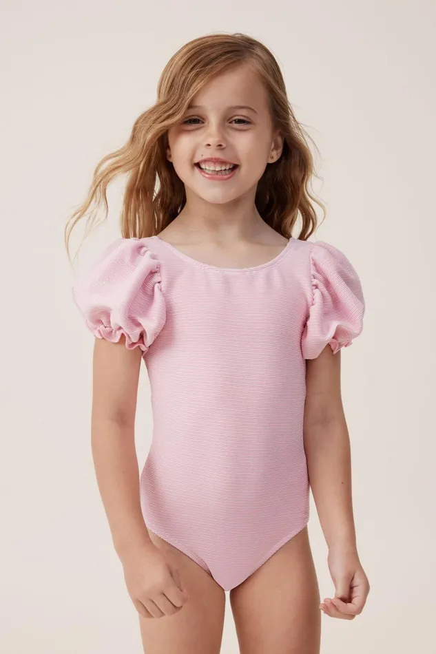 Girls Swimwear Cotton On Puff Sleeve One Piece Cali Pinksparkle