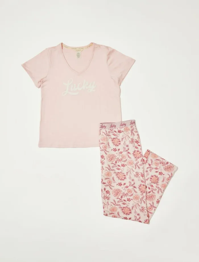 Graphic V Neck Tee W Logo Waistband Pant Set Coral Pink Women Lucky Brand Intimates and Sleepwear Graphic V Neck Tee W Logo Waistband Pant Set Coral Pink Women Lucky Brand Intimates and Sleepwear