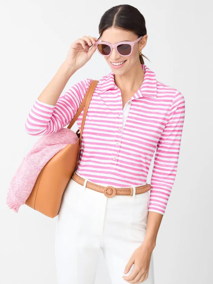 JMclaughlin Court 34 Sleeve Polo In Santa Rosa Stripe Whitefuchsia Women Shirts and Tops JMclaughlin Court 34 Sleeve Polo In Santa Rosa Stripe Whitefuchsia Women Shirts and Tops
