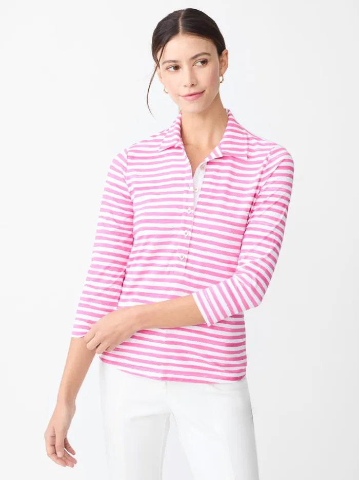 JMclaughlin Court 34 Sleeve Polo In Santa Rosa Stripe Whitefuchsia Women Shirts and Tops JMclaughlin Court 34 Sleeve Polo In Santa Rosa Stripe Whitefuchsia Women Shirts and Tops