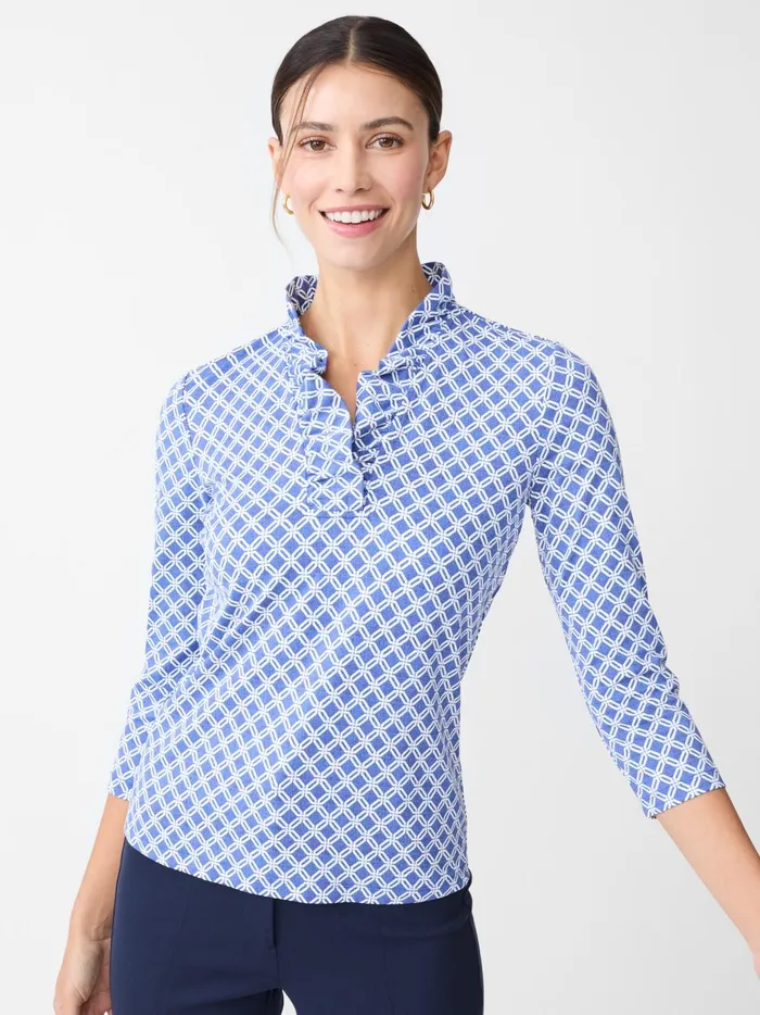 JMclaughlin Durham Ruffle Top In Happy Hour Dark Bluewhite Women Shirts and Tops JMclaughlin Durham Ruffle Top In Happy Hour Dark Bluewhite Women Shirts and Tops
