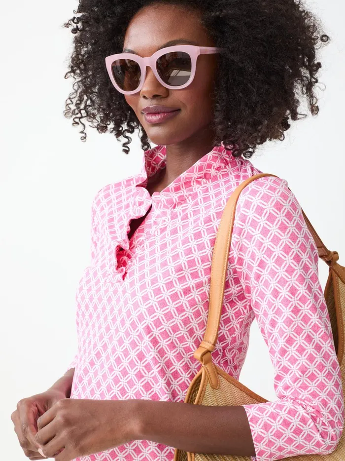 JMclaughlin Durham Ruffle Top In Happy Hour Fuchsiawhite Women Shirts and Tops JMclaughlin Durham Ruffle Top In Happy Hour Fuchsiawhite Women Shirts and Tops