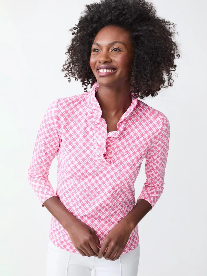 JMclaughlin Durham Ruffle Top In Happy Hour Fuchsiawhite Women Shirts and Tops JMclaughlin Durham Ruffle Top In Happy Hour Fuchsiawhite Women Shirts and Tops