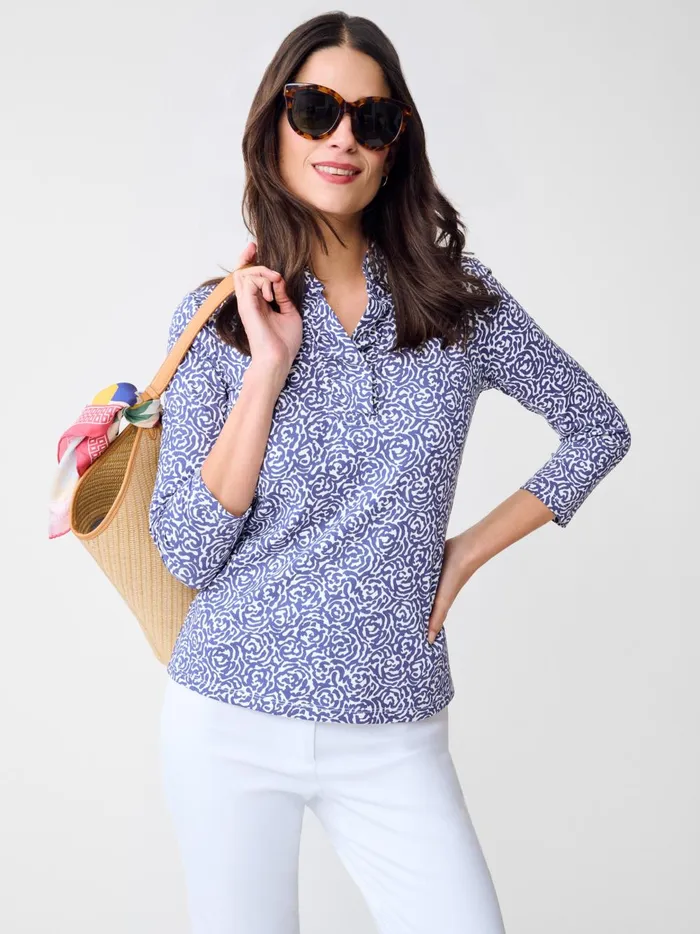 JMclaughlin Durham Ruffle Top In Rose Expressions Off Whiteblue Women Shirts and Tops JMclaughlin Durham Ruffle Top In Rose Expressions Off Whiteblue Women Shirts and Tops