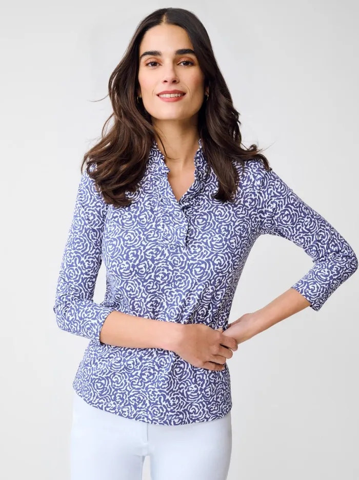 JMclaughlin Durham Ruffle Top In Rose Expressions Off Whiteblue Women Shirts and Tops JMclaughlin Durham Ruffle Top In Rose Expressions Off Whiteblue Women Shirts and Tops