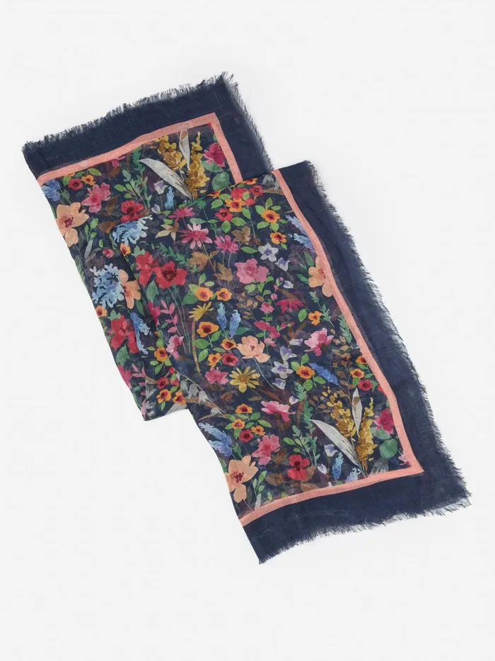 JMclaughlin Giselle Scarf In Watercolor Petals Border Navymulti Women Scarves