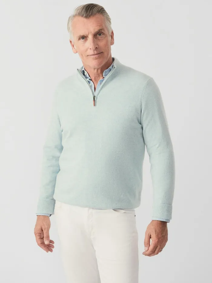 JMclaughlin Henry Cashmere 14 Zip Heather Aqua Men Sweaters