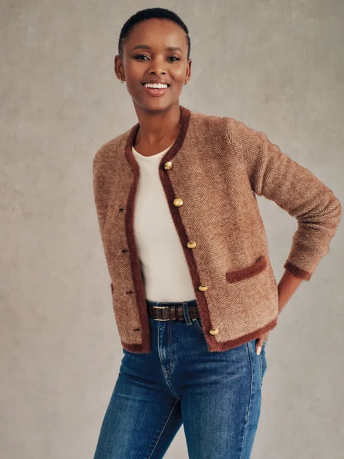 JMclaughlin Inez Cardigan In Herringbone Jacquard Brownoff White Women Sweaters