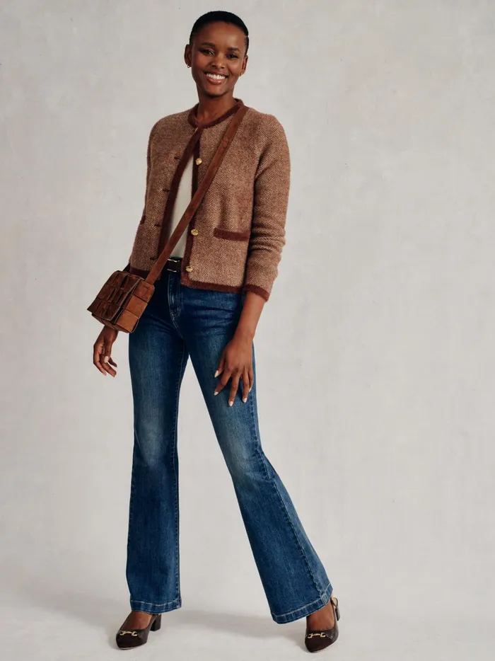 JMclaughlin Inez Cardigan In Herringbone Jacquard Brownoff White Women Sweaters JMclaughlin Inez Cardigan In Herringbone Jacquard Brownoff White Women Sweaters