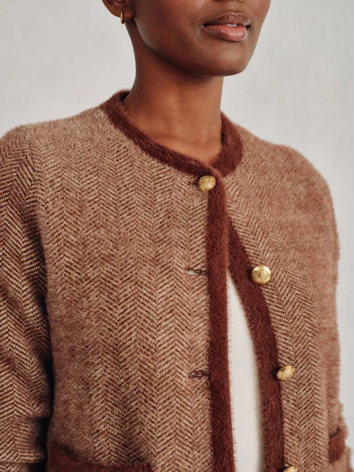 JMclaughlin Inez Cardigan In Herringbone Jacquard Brownoff White Women Sweaters JMclaughlin Inez Cardigan In Herringbone Jacquard Brownoff White Women Sweaters