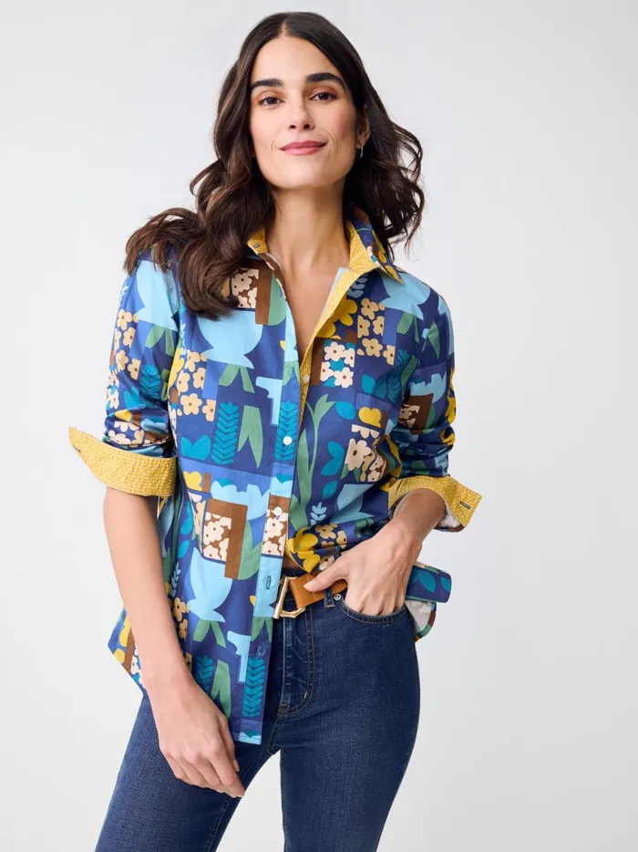JMclaughlin Lois Shirt In Paper Garden Geo Bluemulti Women Shirts and Tops