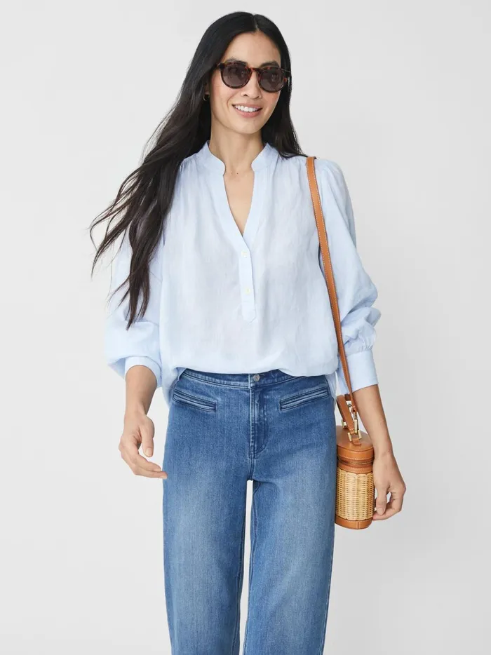 JMclaughlin Rashell Linen Blouse Sky Blue Women Shirts and Tops