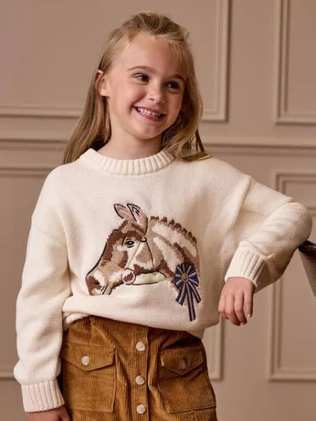 Jumpers and Knitwear Girls Joules Cream Horse Intarsia Horse Jumper