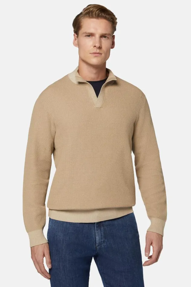 Knitwear Men Boggi Milano Beige Cotton Open Neck Jumper Beige Knitwear Men Boggi Milano Beige Cotton Open Neck Jumper Beige