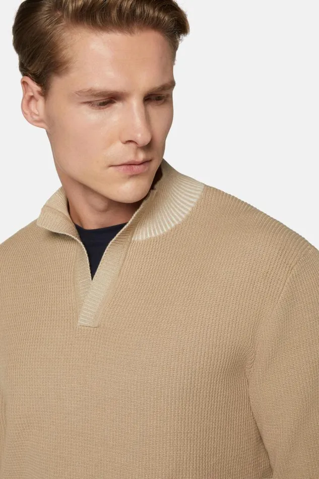 Knitwear Men Boggi Milano Beige Cotton Open Neck Jumper Beige Knitwear Men Boggi Milano Beige Cotton Open Neck Jumper Beige