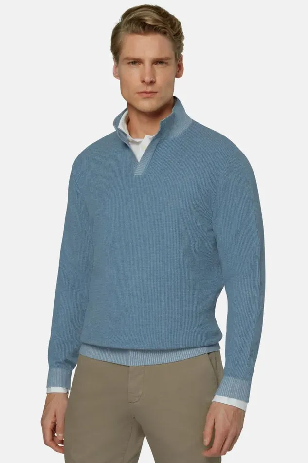 Knitwear Men Boggi Milano Sky Blue Cotton Open Neck Jumper Light Blu Knitwear Men Boggi Milano Sky Blue Cotton Open Neck Jumper Light Blu