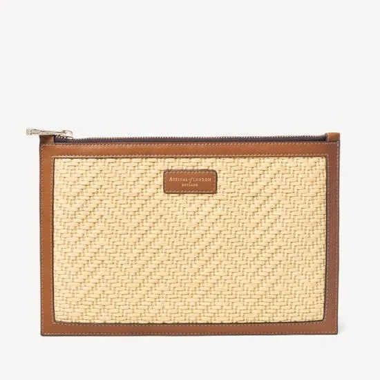 Large Essential Flat Pouch Natural Chevron Raffia and Smooth Tan Women Aspinal Of London Raffia