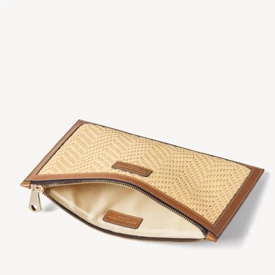 Large Essential Flat Pouch Natural Chevron Raffia and Smooth Tan Women Aspinal Of London Raffia