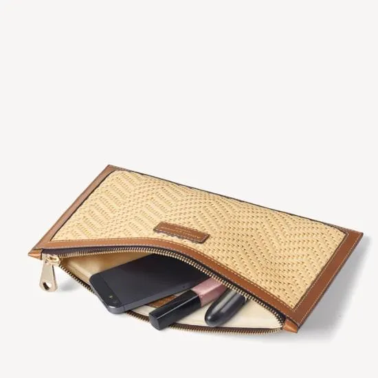 Large Essential Flat Pouch Natural Chevron Raffia and Smooth Tan Women Aspinal Of London Raffia