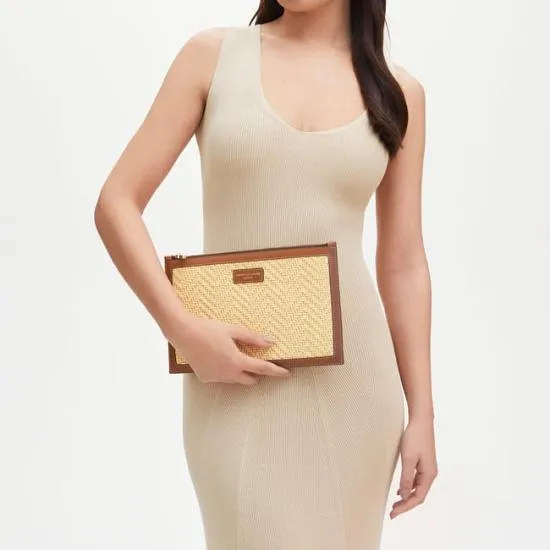 Large Essential Flat Pouch Natural Chevron Raffia and Smooth Tan Women Aspinal Of London Raffia