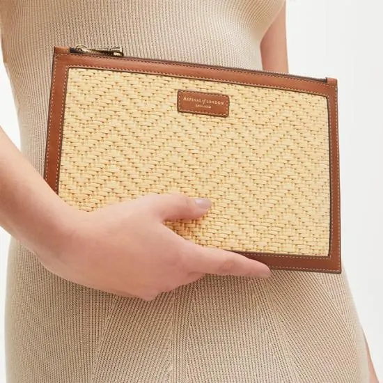 Large Essential Flat Pouch Natural Chevron Raffia and Smooth Tan Women Aspinal Of London Raffia