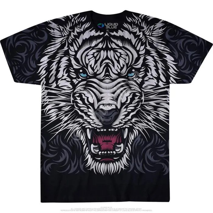 Liquid Blue TShirt Men White Tiger Stare Black TShirt
