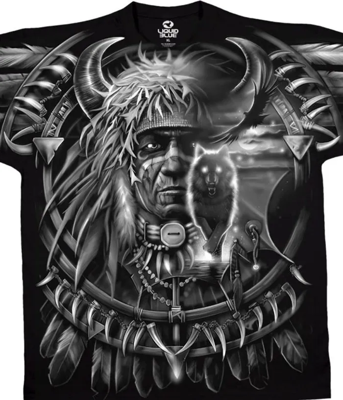 Liquid Blue TShirt Men Wolf Dreamcatcher Black TShirt
