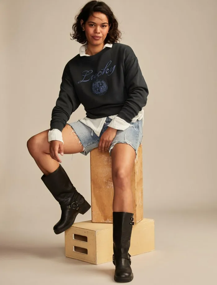 Lucky Logo Crew Neck Dark Shadow Women Lucky Brand Sweaters and Sweatshirts
