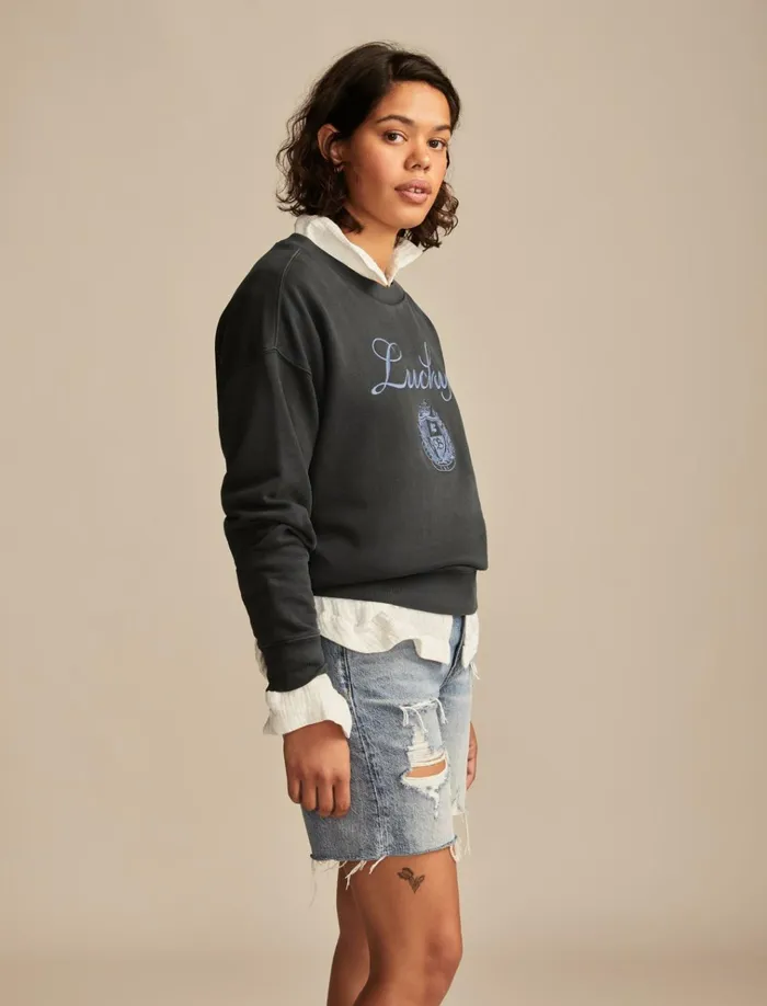Lucky Logo Crew Neck Dark Shadow Women Lucky Brand Sweaters and Sweatshirts