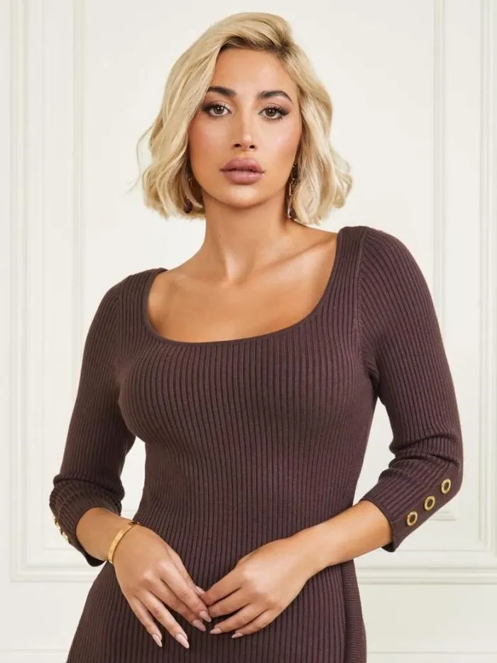 Marciano Eco Flora Ribbed Sweater Dress Dark Bourbon Women Dresses Marciano Eco Flora Ribbed Sweater Dress Dark Bourbon Women Dresses