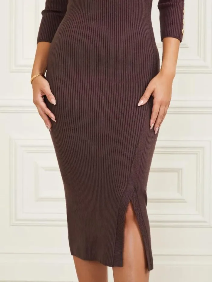 Marciano Eco Flora Ribbed Sweater Dress Dark Bourbon Women Dresses Marciano Eco Flora Ribbed Sweater Dress Dark Bourbon Women Dresses