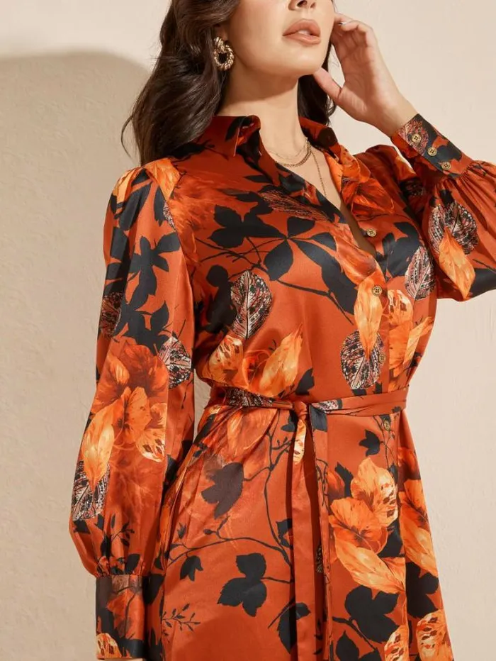 Marciano Swoon Printed Shirt Dress Falling Leaves Women Dresses Marciano Swoon Printed Shirt Dress Falling Leaves Women Dresses