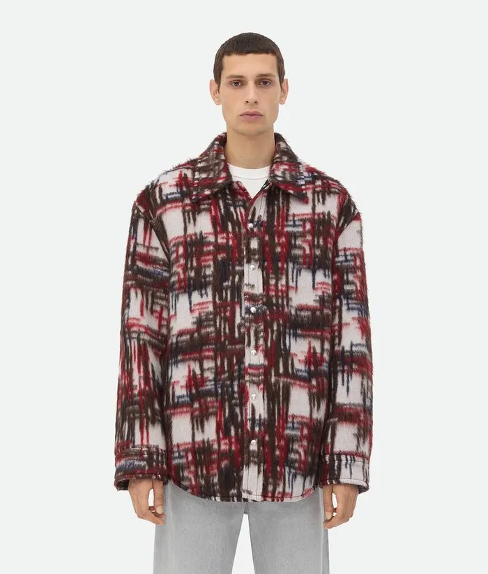 Men Bottega Veneta Jackets Alpaca Check Overshirt Whiteredbrown