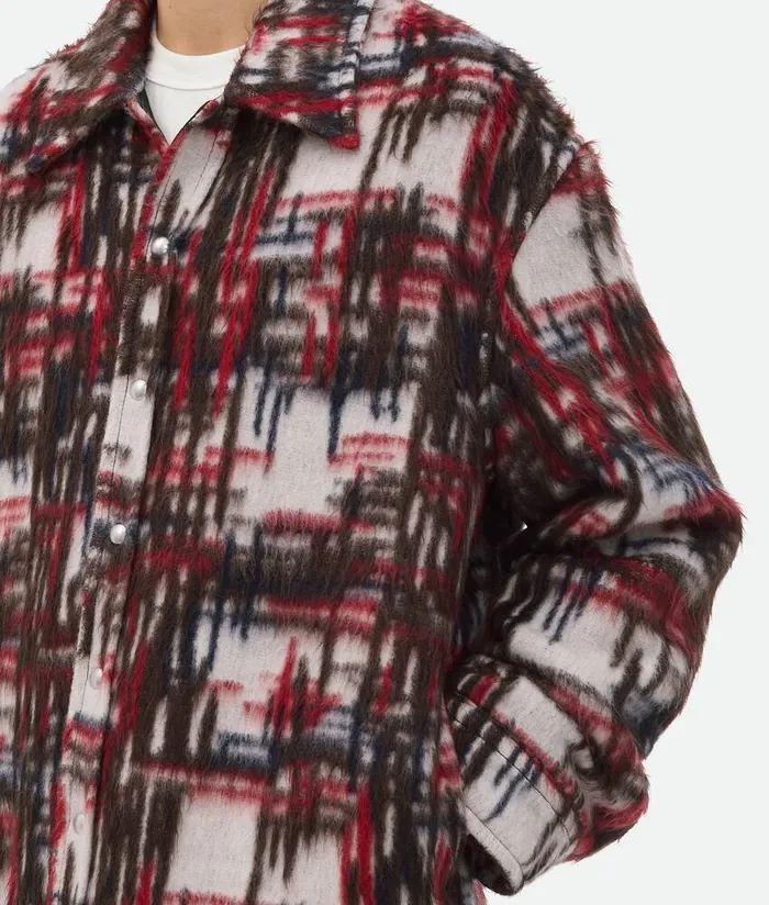 Men Bottega Veneta Jackets Alpaca Check Overshirt Whiteredbrown