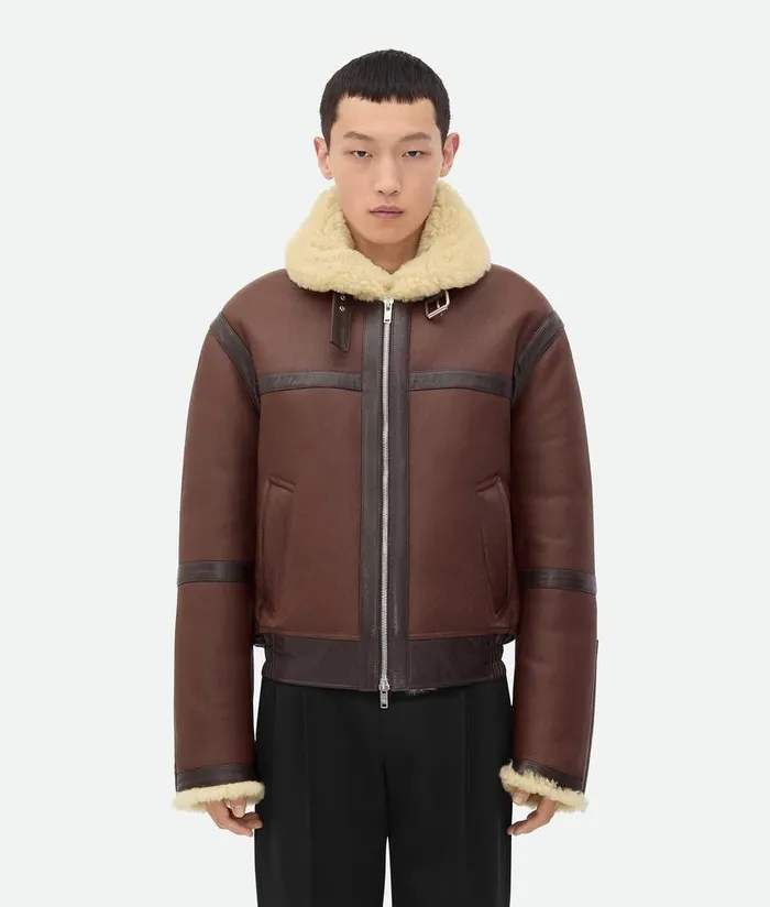 Men Bottega Veneta Jackets Shearling Aviator Blouson Bitter Chocolatebirch