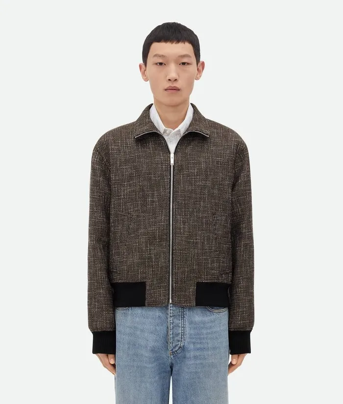 Men Bottega Veneta Jackets Wool And Cotton Pied De Poule Blouson Blackcharcoalcamel