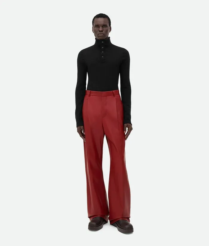 Men Bottega Veneta Leather Leather Wide Leg Trousers Rosewood
