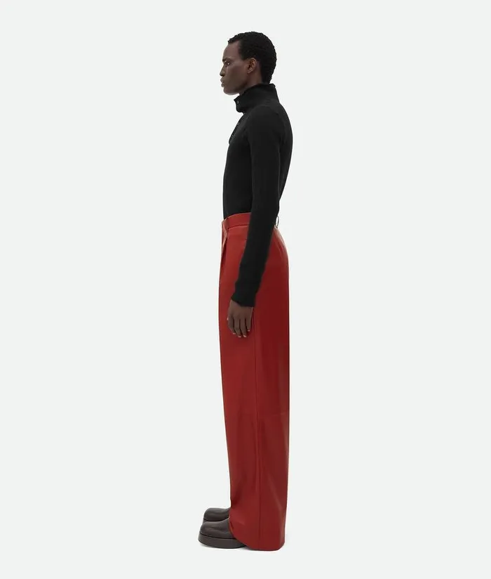 Men Bottega Veneta Leather Leather Wide Leg Trousers Rosewood