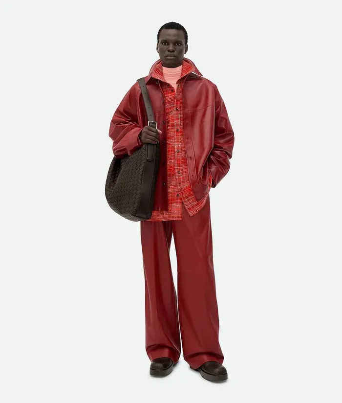 Men Bottega Veneta Leather Leather Wide Leg Trousers Rosewood