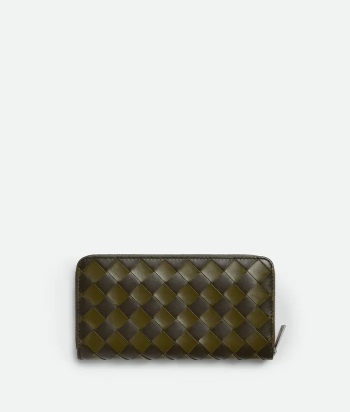 Men Bottega Veneta Long Wallets Intrecciato Zip Around Wallet Kakiolive Oil