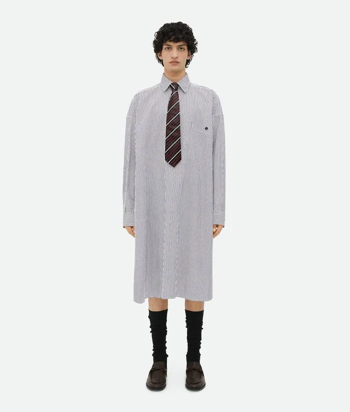 Men Bottega Veneta Shirts Cotton Striped Long Shirt Bluechestnut